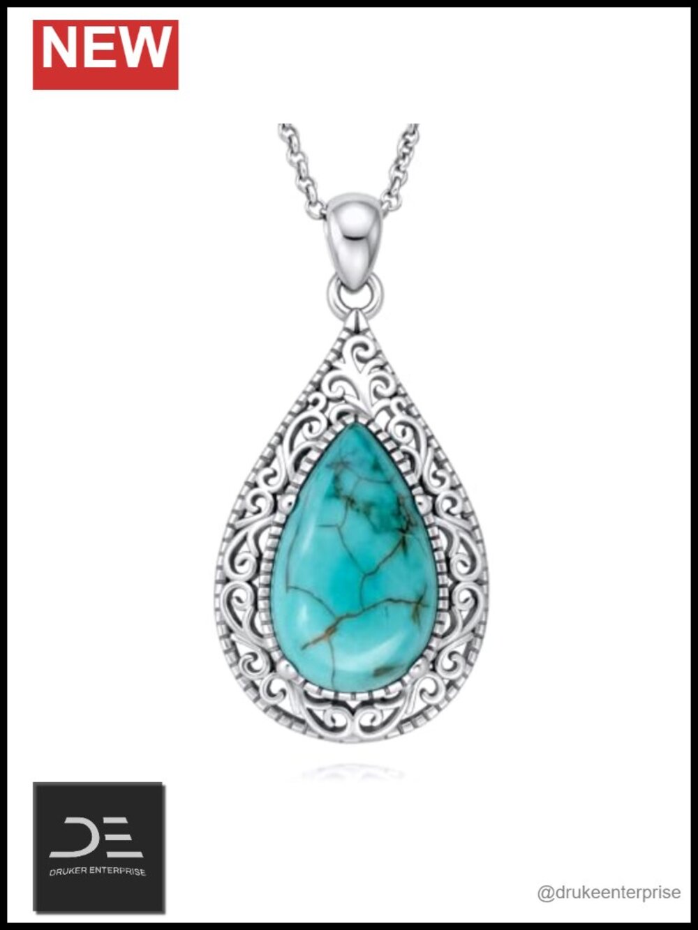 925 Sterling Silver Turquoise Teardrop Filigree Pendant Necklace